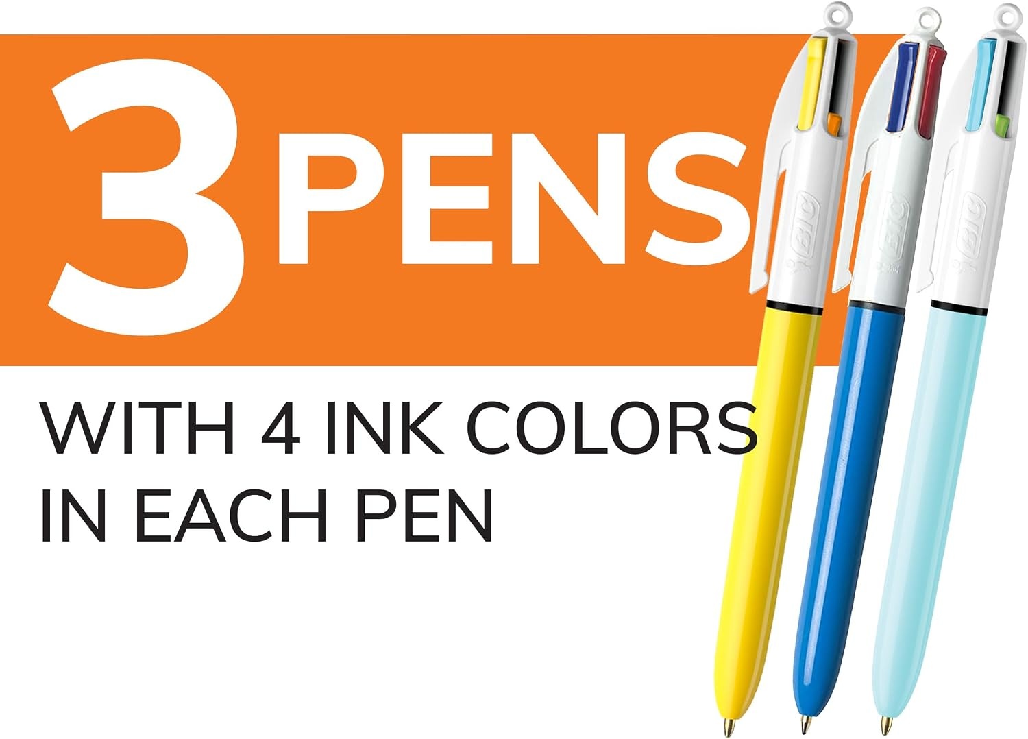 image:imageBIC 4Color Retractable Ballpoint Pen 3Count Pack Comfortable Grip10 Assorted Ink Colors