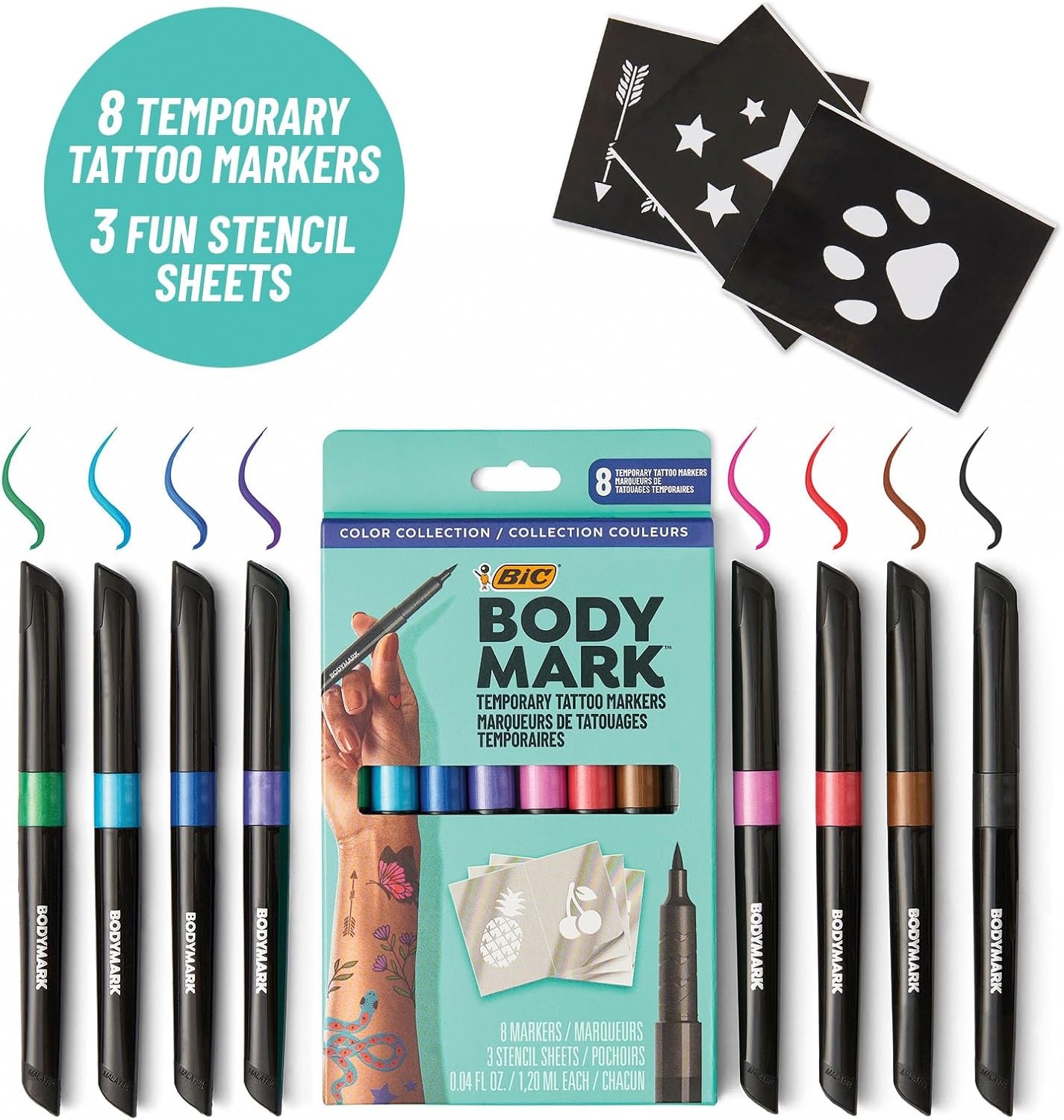image:imageBODYMARK Temporary Tattoo Markers 8Count Color Collection SkinSafeColor Set