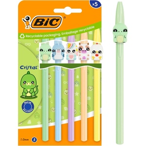 image:imageBIC Cristal Pastel Figurines Ball Pens Medium Point 100 mm Blue Ink  5 Assorted Characters and Barrel Colours Cardboard Pack of 5Blue