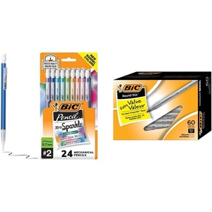 image:imageBIC XtraSparkle Mechanical Pencil Medium Point 07 mm 24Count and Round Stic Xtra Life Ballpoint Pen Medium Point 10mm Black 60Countw Medium Point 10mm Black