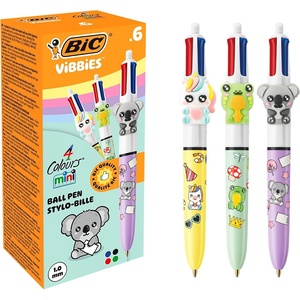 image:imageBIC Vibbies 4 Colours Mini Ball Pen Medium Point 10 mm with Fun Animal Figurines  Pastel Barrel Classic Ink Colours Pack of 6