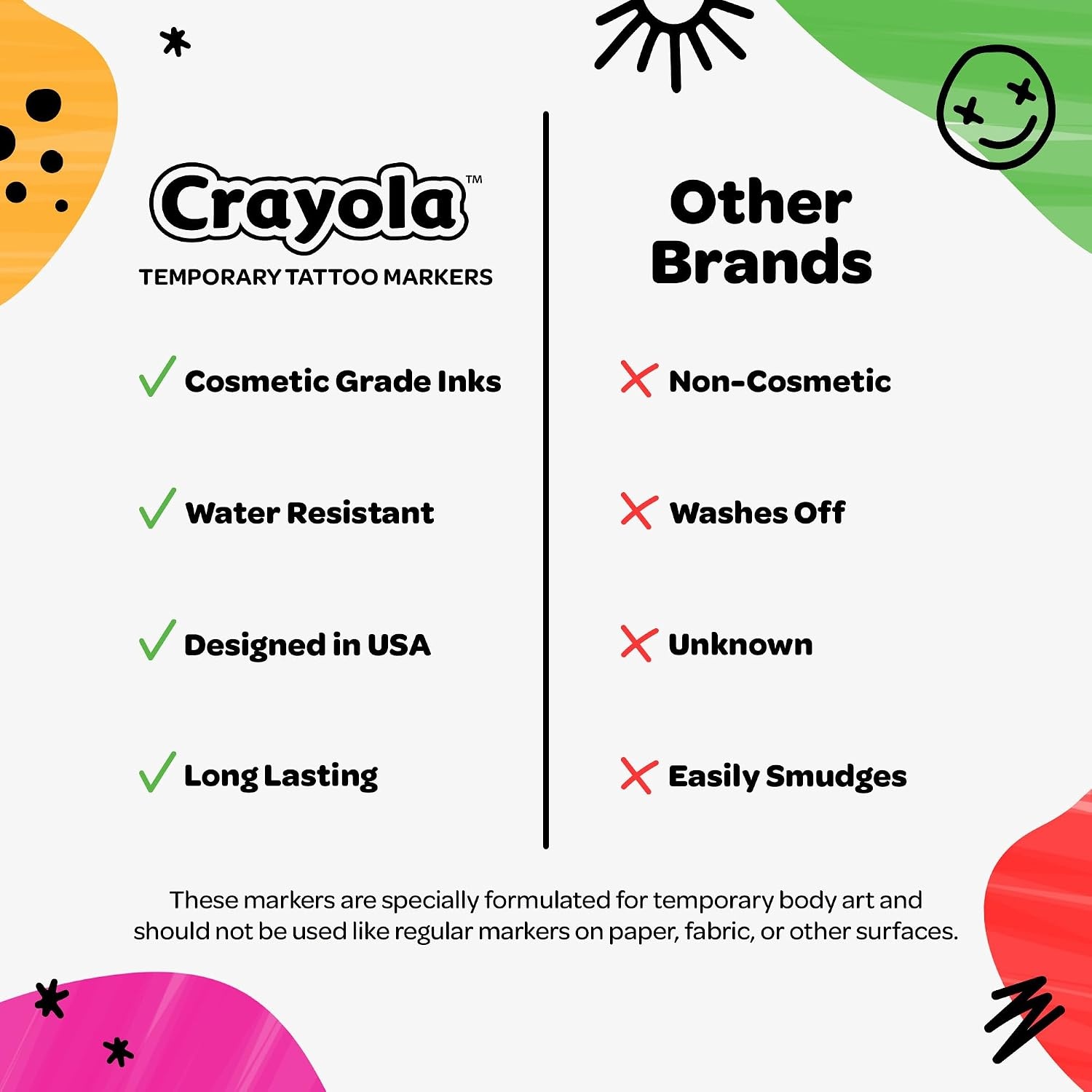 image:imageCrayola 8ct Temporary Tattoo Markers SkinSafe Ink Vibrant Colors Gifts for Children Teens and Adults Made in the USA 1 Pack