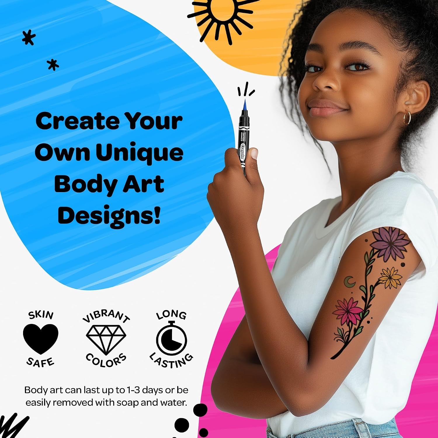 image:imageCrayola 8ct Temporary Tattoo Markers SkinSafe Ink Vibrant Colors Gifts for Children Teens and Adults Made in the USA 1 Pack