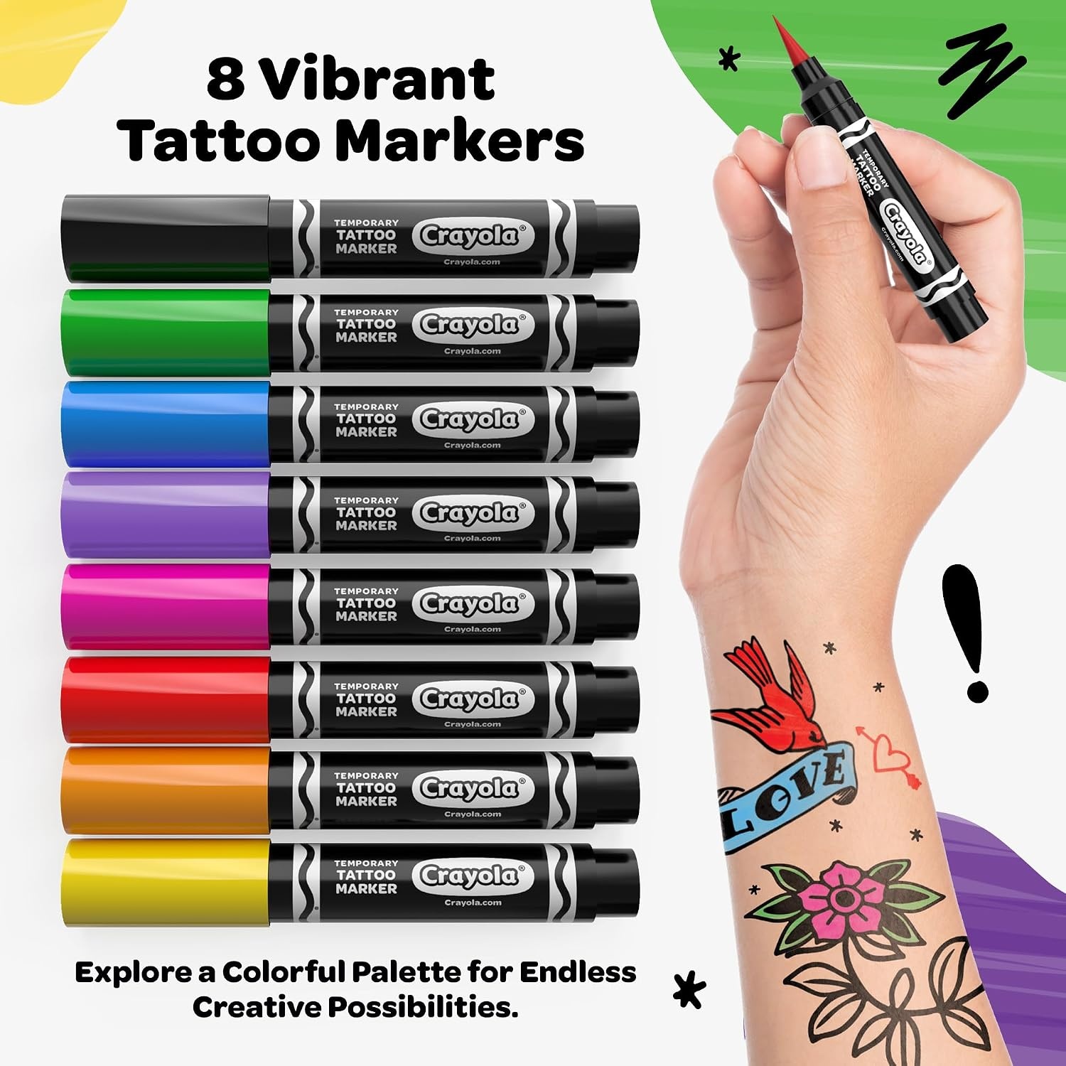 image:imageCrayola 8ct Temporary Tattoo Markers SkinSafe Ink Vibrant Colors Gifts for Children Teens and Adults Made in the USA 1 Pack