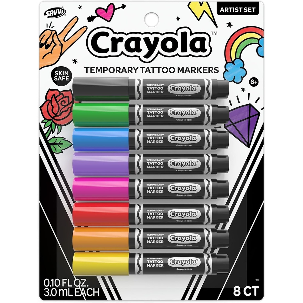 image:imageCrayola 8ct Temporary Tattoo Markers SkinSafe Ink Vibrant Colors Gifts for Children Teens and Adults Made in the USA 1 Pack