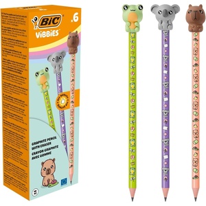 image:imageBIC Vibbies Graphite HB Pencils with Animal Figurine Erasers and ShockResistant Lead in 3 Barrel Colours  Pack of 6